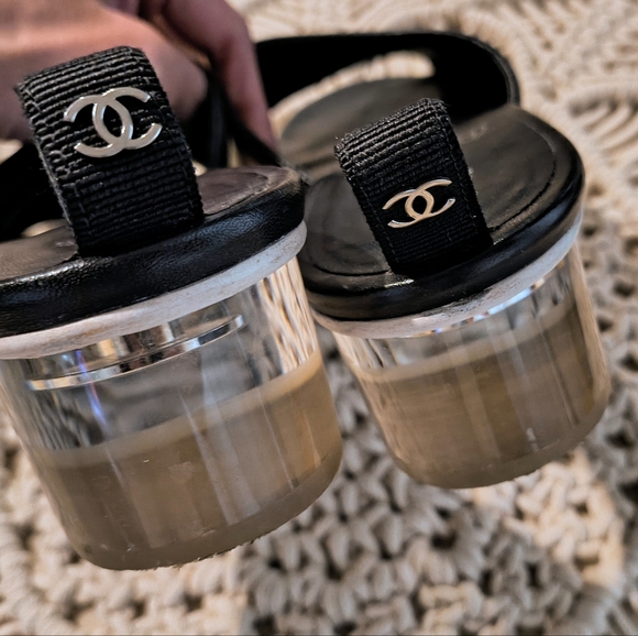 Price FIRM💯 CHANEL🖤SS19 Leather Slide Mules + PVC heel 39.5 - Picture 11 of 13